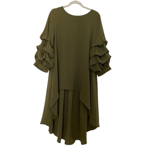 Patrizia Luca dress, olive green, size M/L.  High low. Bouffant ruffled sleeves. - Picture 1 of 5